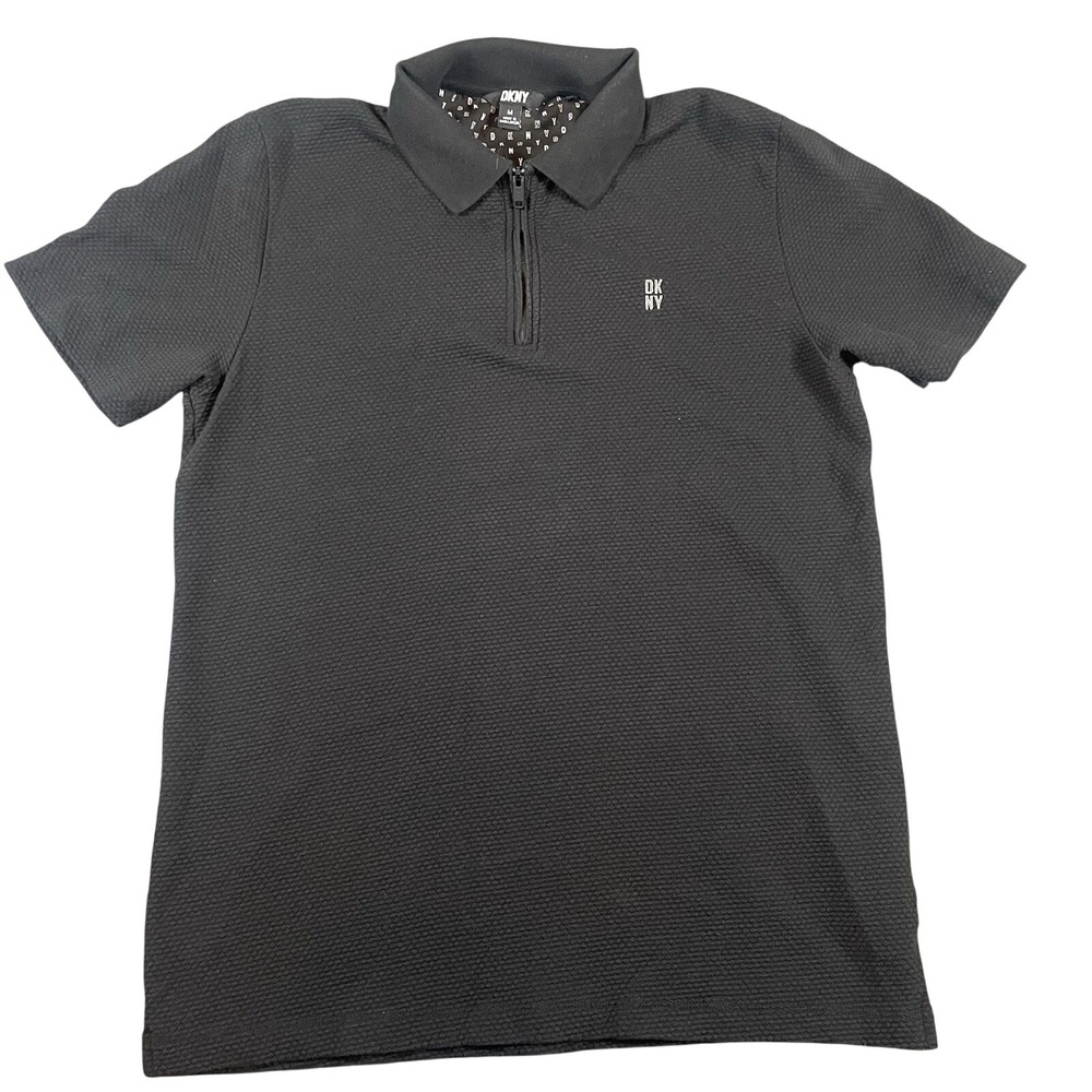 DKNY Men's Shirt Medium Polo Black Textured‎ Short Sleeve 1/4 Zip Casual